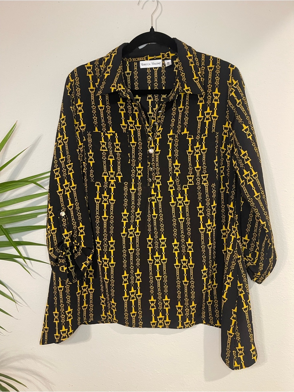 Vintage Rebecca Malone Black Button-Up Shirt with Yellow Chain Print